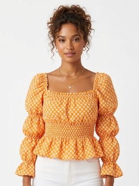 Smocked Square-Neck/off Sholder Peplum Top in Orange Floral